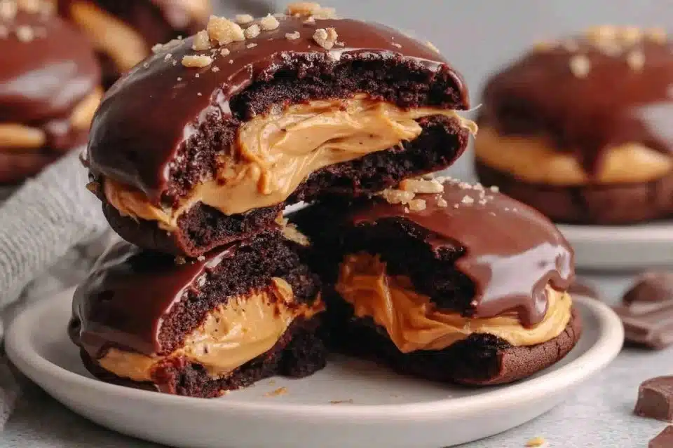 Chewy Buckeye Cookies with chocolate topping and peanut butter filling