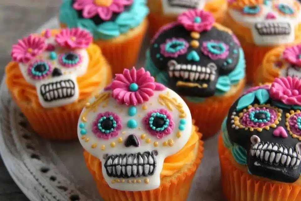 Colorful Day of the Dead cupcakes decorated with sugar skulls and flowers