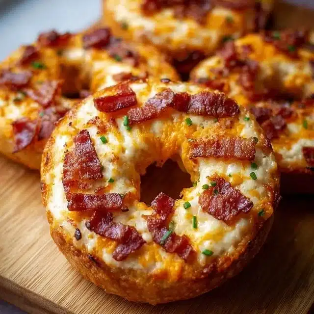 Creamy bacon cheddar bagels with crispy bacon and melted cheese