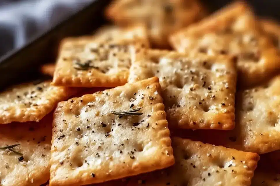 Crispy Italian Herb Cheese Crackers 2 Crispy Italian herb cheese crackers on a wooden serving board.