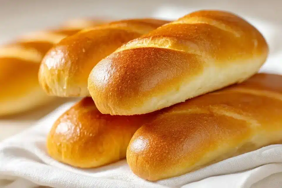Freshly baked crusty chewy French bread rolls on a wooden table