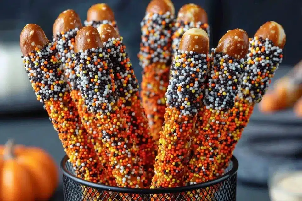Delicious chocolate dipped pretzel rods decorated for fall snacks