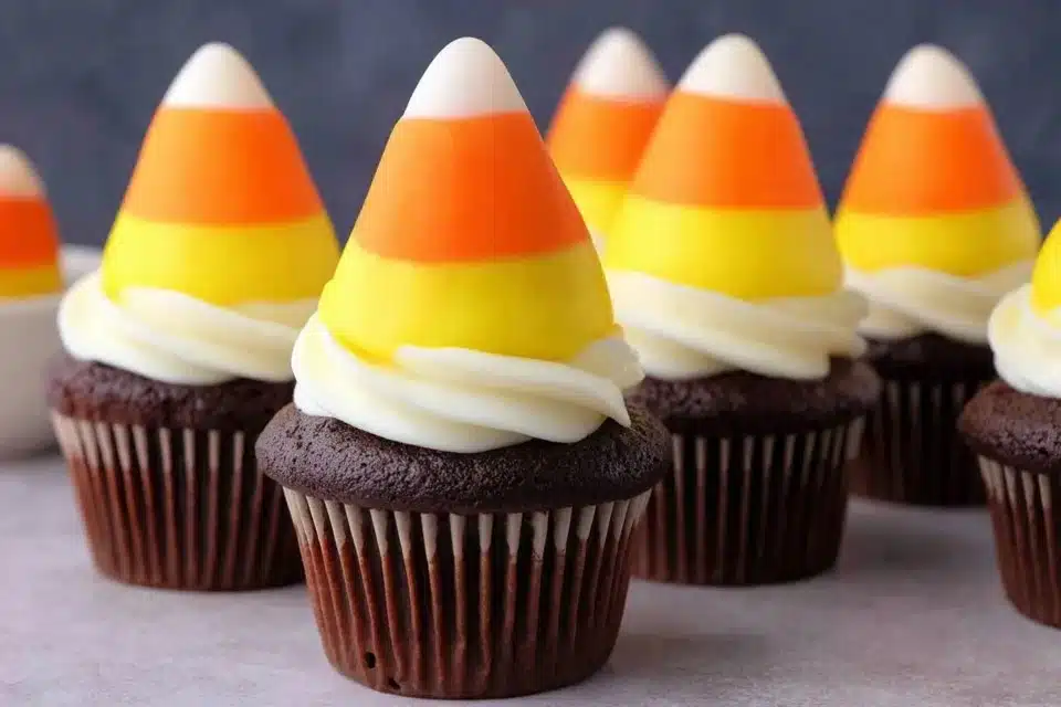 Easy Halloween Candy Corn Cupcakes 4 Easy Halloween candy corn cupcakes decorated for a festive celebration