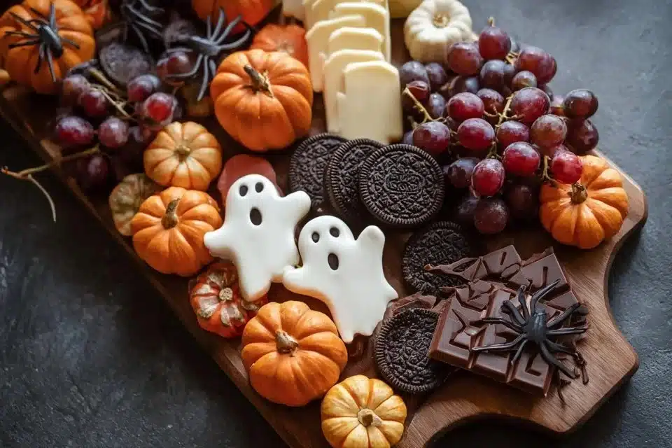 The Best Easy Halloween Charcuterie Board for a Spooky, Savory Celebration 2 An easy Halloween charcuterie board with spooky treats and festive decorations.
