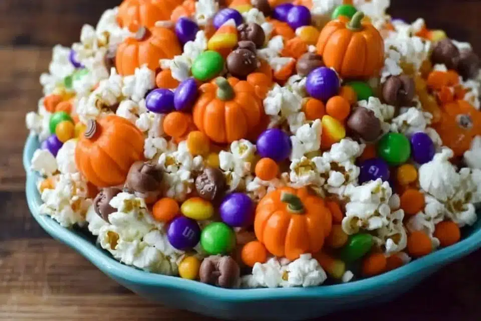 Bowl of colorful Easy Halloween Popcorn decorated for the spooky season.