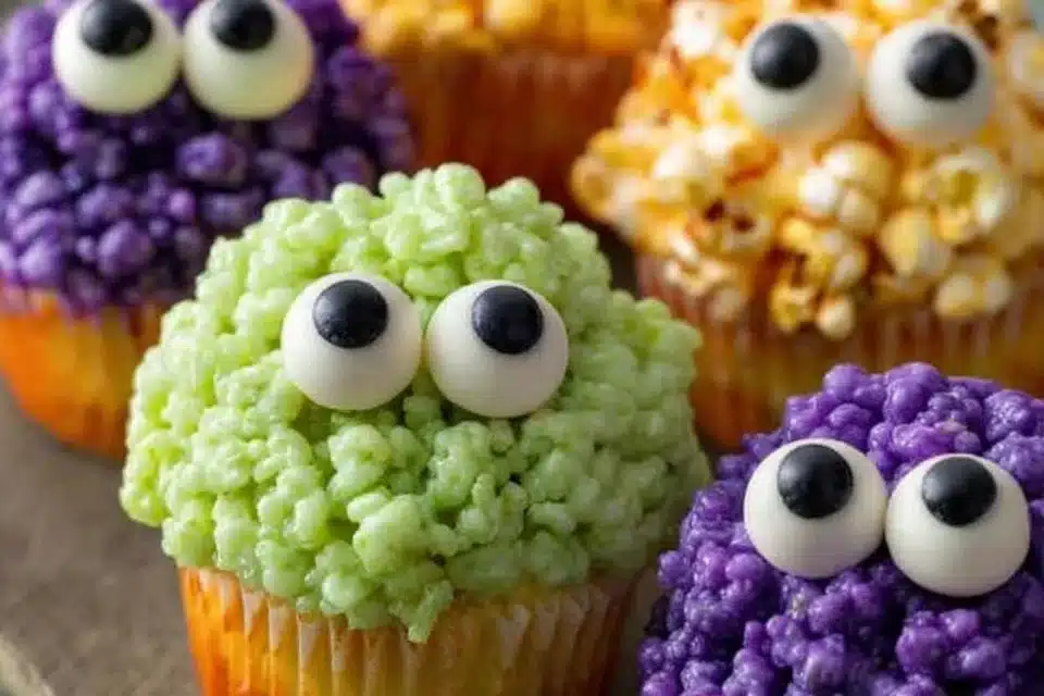 Easy Halloween Rice Krispie Treats decorated with candy eyes