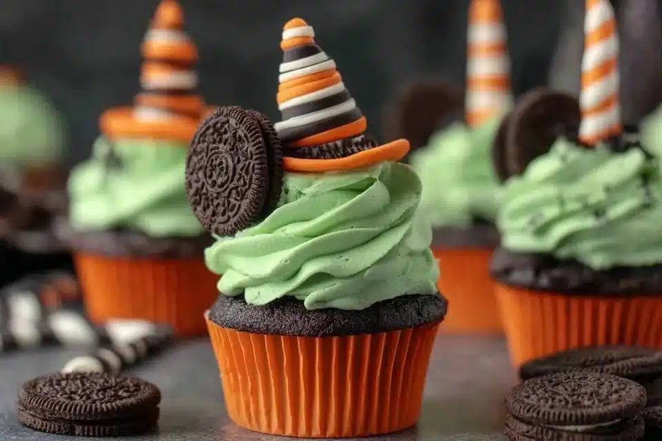 Easy Halloween Spider Web Cupcakes decorated with frosting webs and candy spiders