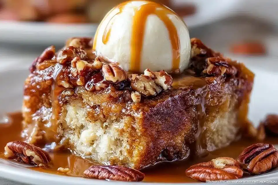 Easy pecan pie dump cake served with a scoop of vanilla ice cream