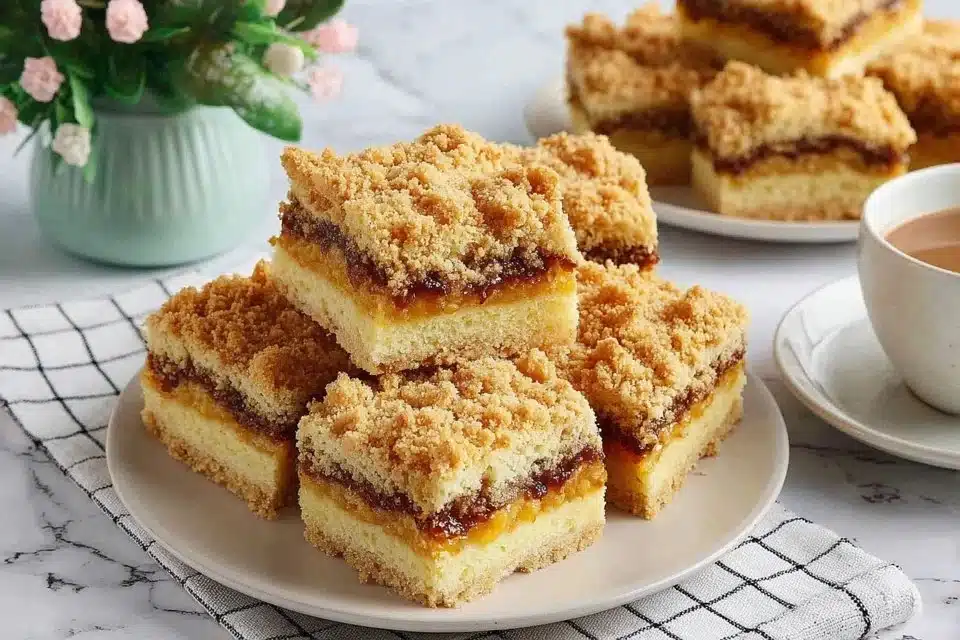 Easy pumpkin coffee cake with pecan crumble topping slice on a plate