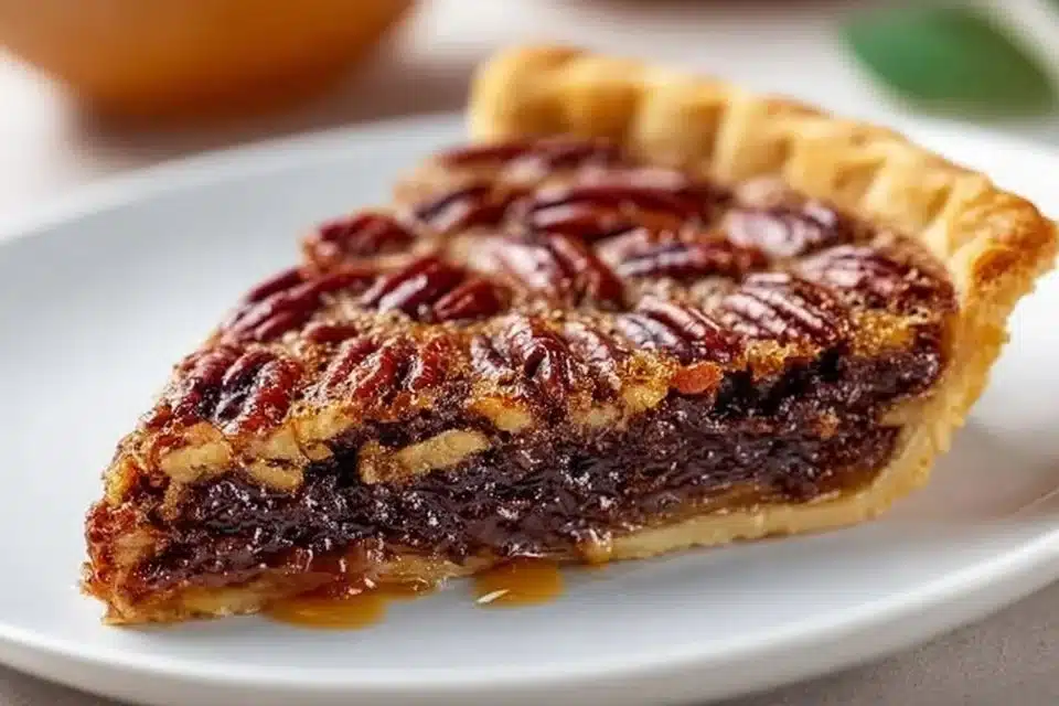 Easy Traditional Pecan Pie 2 Slice of classic easy traditional pecan pie on a plate