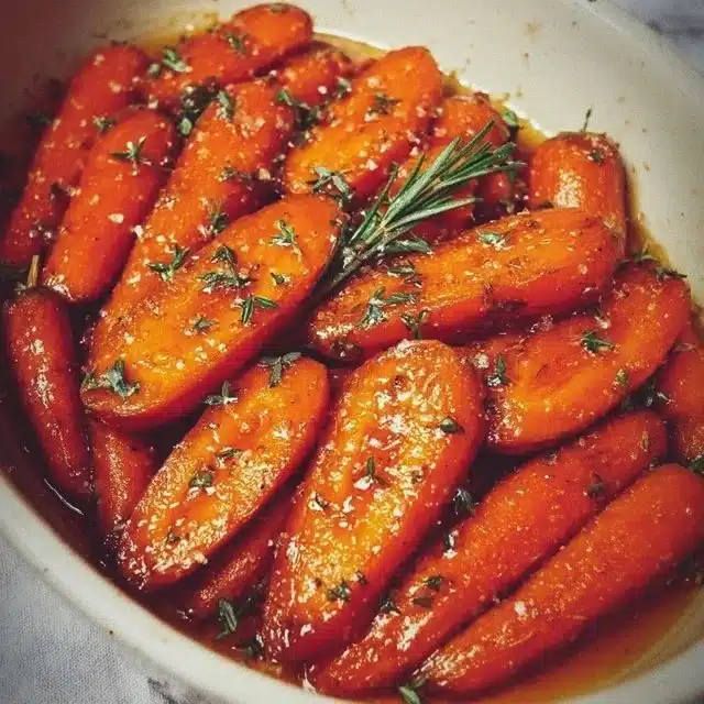 Glazed Carrots 1 A dish of delicious glazed carrots garnished with herbs.