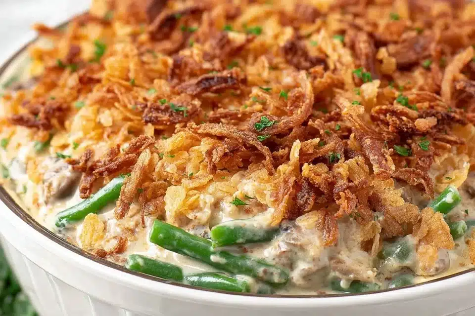 Delicious homemade green bean casserole topped with crispy onions