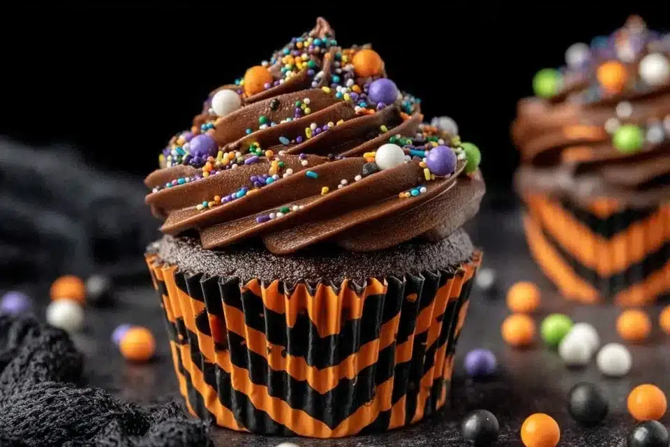 Halloween Frankenstein and Bride cupcakes decorated for spooky celebrations