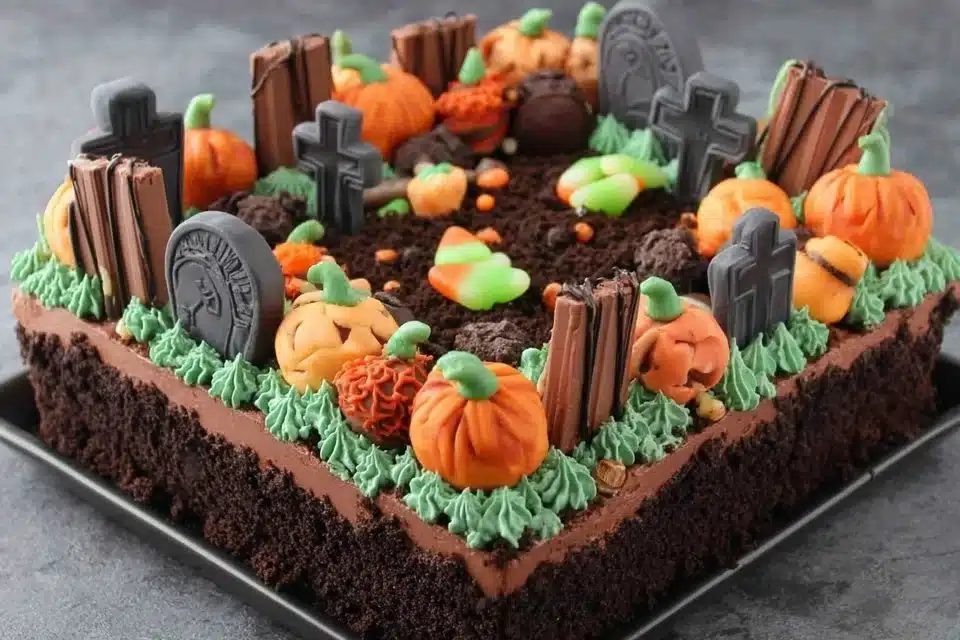 Halloween Graveyard Cake with chocolate fingers and Oreo soil decoration