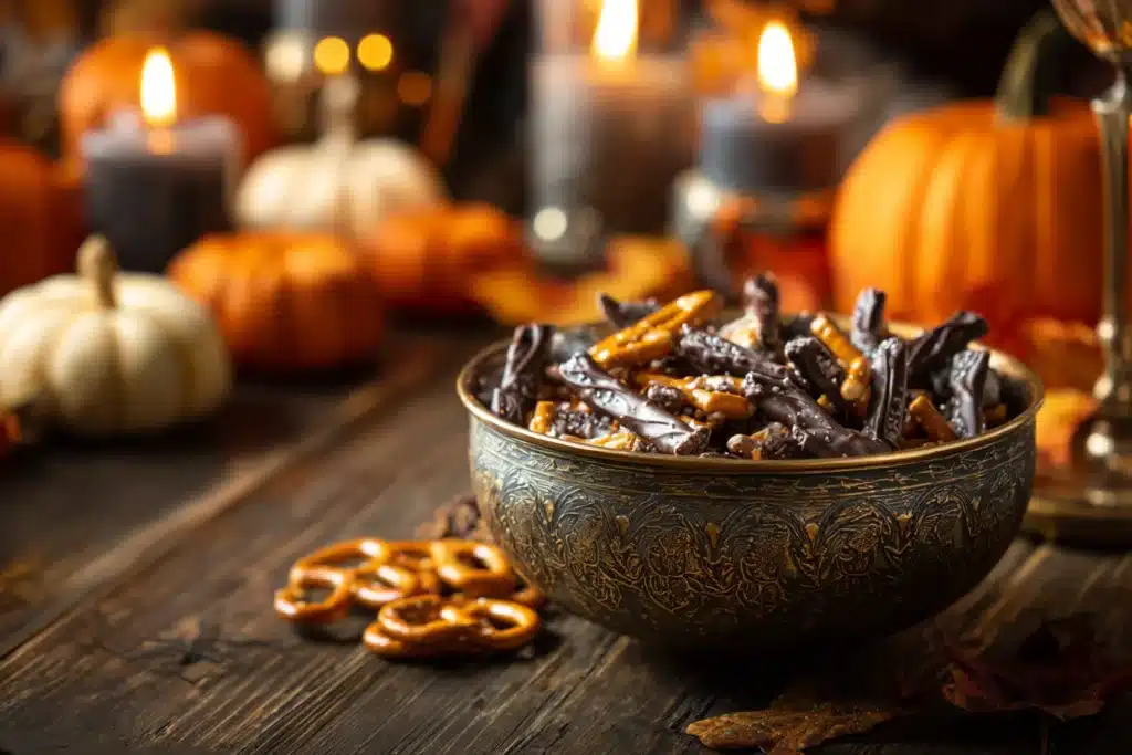 Halloween Bat Wing Chocolate Pretzel Mix , 5 Easy Steps 7 Serving Halloween Bat Wing Chocolate Pretzel Mix