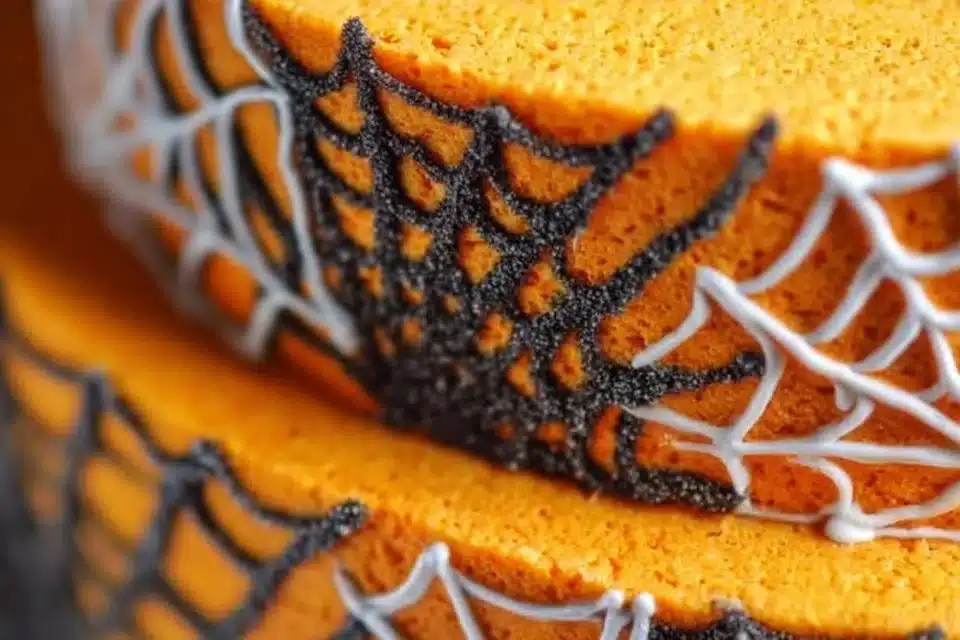 Halloween Spiderweb Cake with black cocoa and orange buttercream decoration