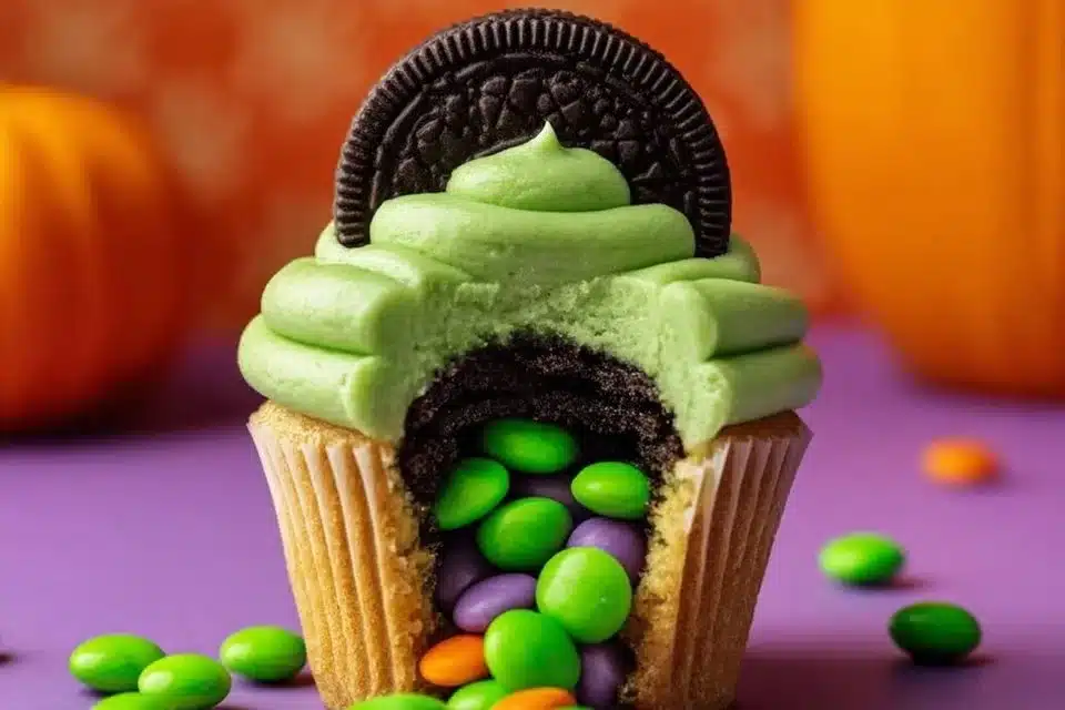Halloween Witch Crash Cupcakes topped with colorful sprinkles