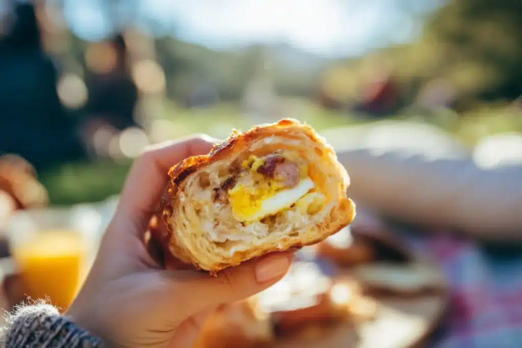 Hand holding a sausage egg breakfast roll with a bite taken out, showing the layered filling.