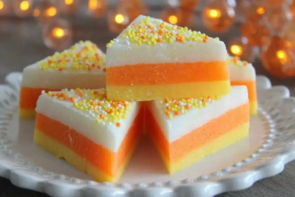 5 Easy Candy Corn Sugar Cookies for Fall Baking Fun 4 Homemade candy corn sugar cookies arranged on a fall-themed plate