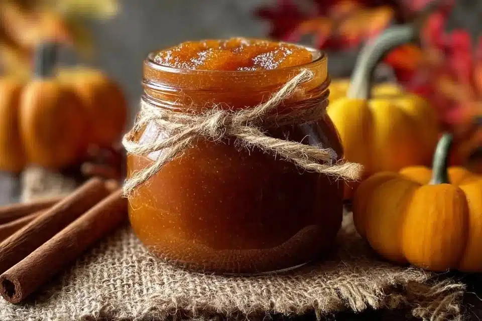 Jar of homemade Instant Pot pumpkin butter with fall spices