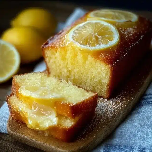 Lemon Cake to Die For loaf topped with fresh lemon slices on wooden board