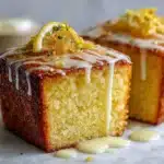 Baby Lemon Impossible Pie – 1 Irresistible Recipe for Sunshine Bliss 5 Lemon Cake to Die For loaf sliced beside handwritten recipe card