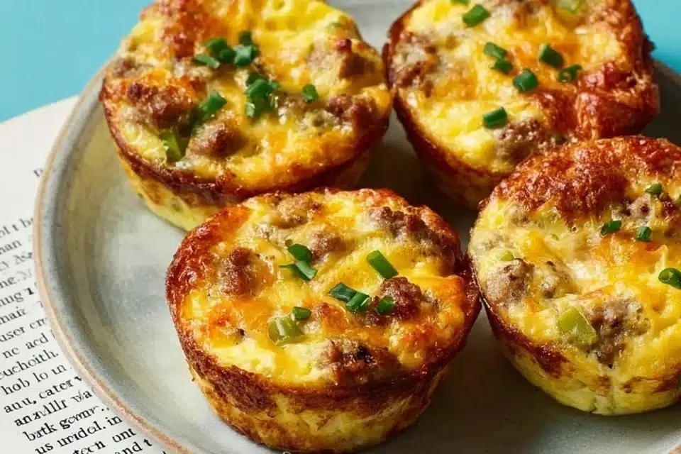 Make-ahead scrambled egg muffins baked in muffin tin with colorful veggies