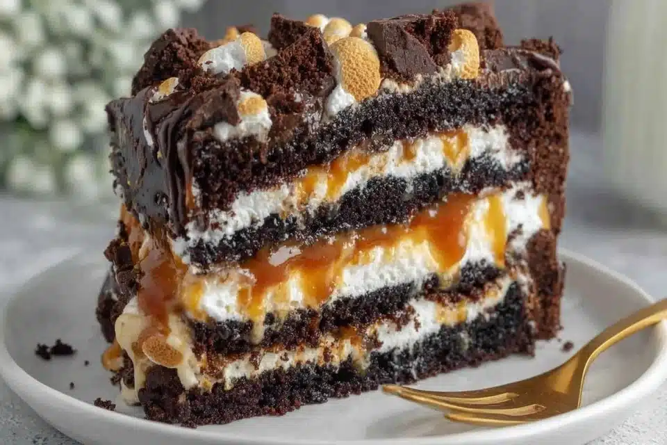 Moist Almond Joy Cake with Coconut Buttercream Frosting slice on a plate