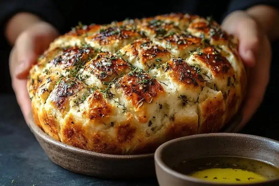 Freshly baked no-knead artisan bread on a wooden cutting board.