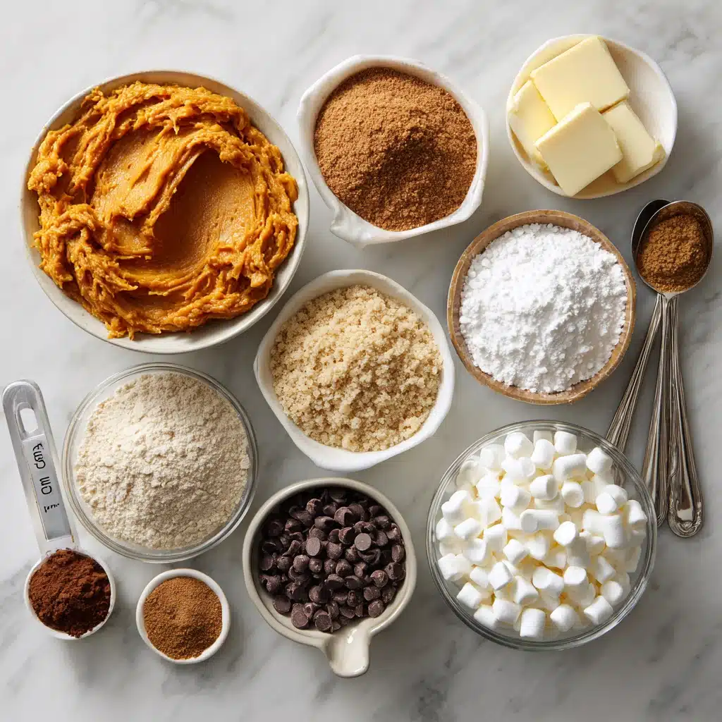 Pumpkin S’mores Cookies , 1 Irresistible Recipe for Cozy Fall Baking 6 Flat lay of baking ingredients for pumpkin s’mores cookies including pumpkin puree, graham crackers, mini marshmallows, and spices.