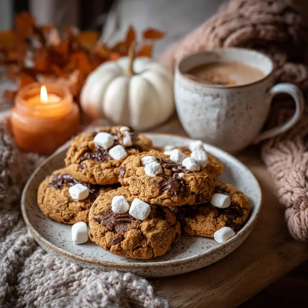 Pumpkin S’mores Cookies , 1 Irresistible Recipe for Cozy Fall Baking 7 Pumpkin s’mores cookies served with a pumpkin spice latte on a cozy fall table setup.