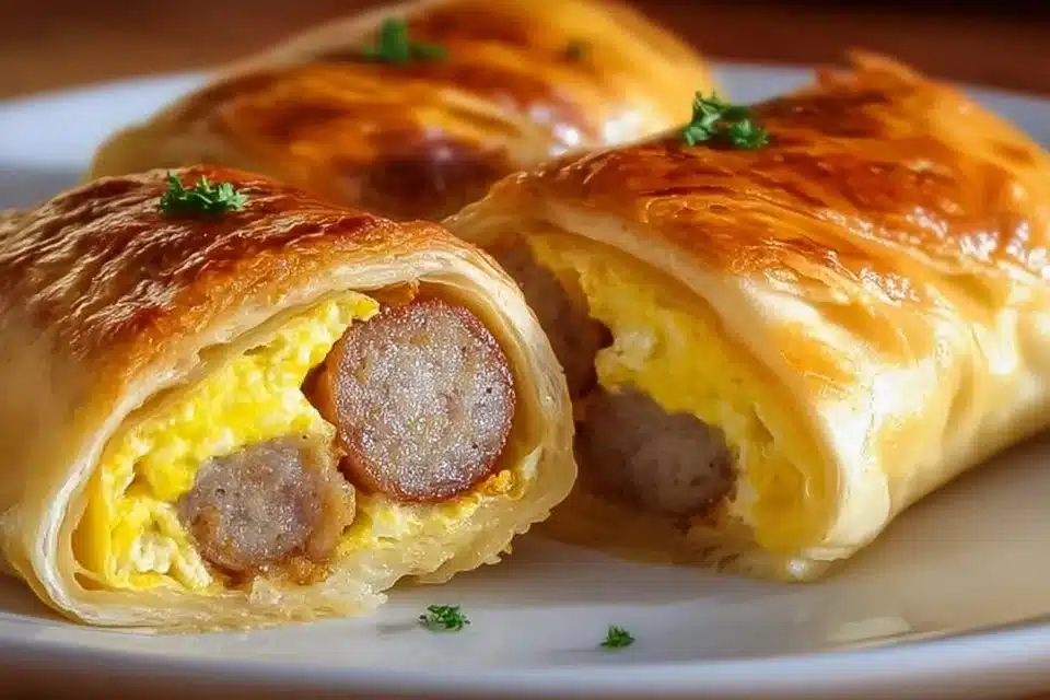 Close-up of a sausage egg breakfast roll sliced open to show the fluffy scrambled eggs and savory sausage filling.