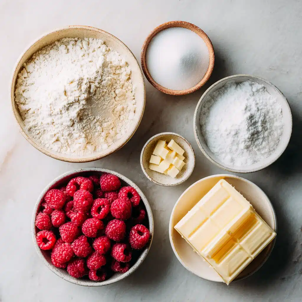 Raspberry Shortbread Cookies: 1 Irresistible Recipe with White Chocolate 4 Ingredients for raspberry shortbread cookies on marble counter