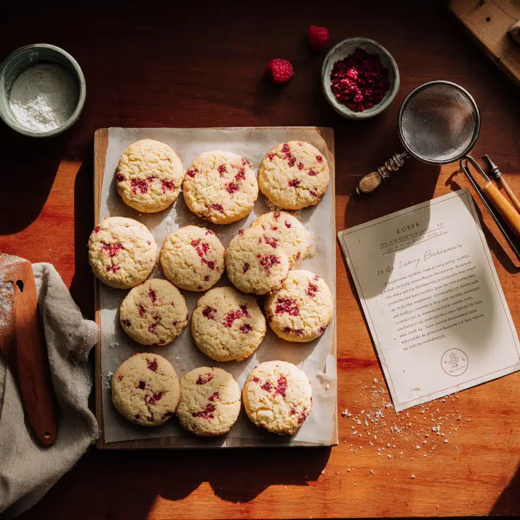 Raspberry Shortbread Cookies: 1 Irresistible Recipe with White Chocolate 5 Raspberry shortbread cookies beside recipe card