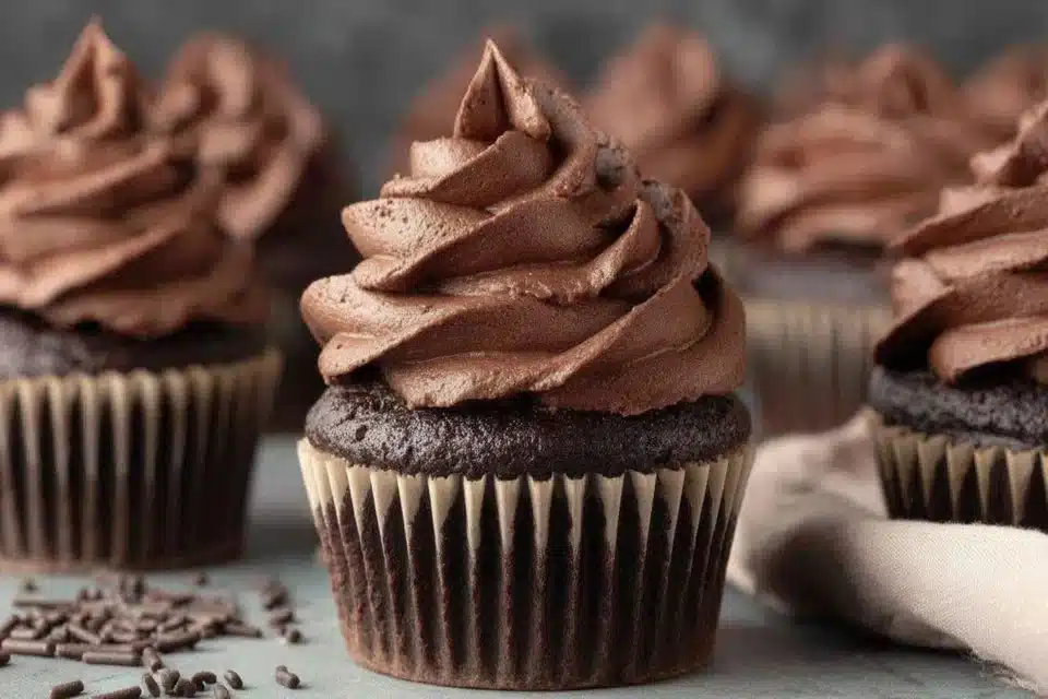 Delicious devil's food cupcakes with chocolate fudge frosting, perfect for dessert.