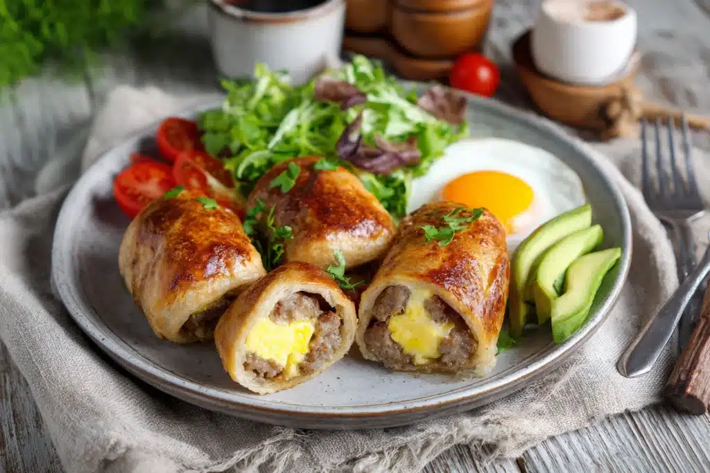 Three sausage egg breakfast rolls served on a ceramic plate with avocado and fresh greens.