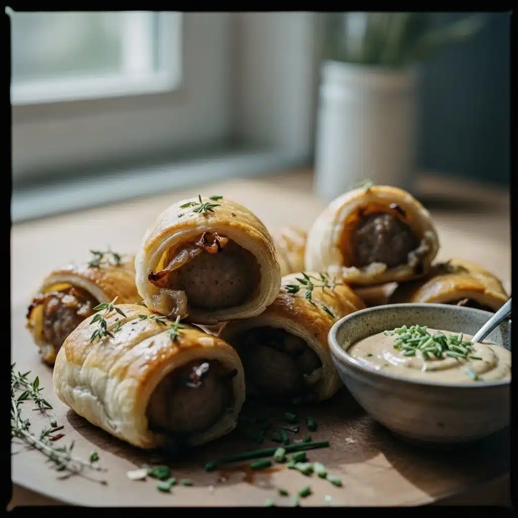 Savory French Onion Sausage Rolls 1 Savory French onion sausage rolls garnished with herbs on a wooden platter