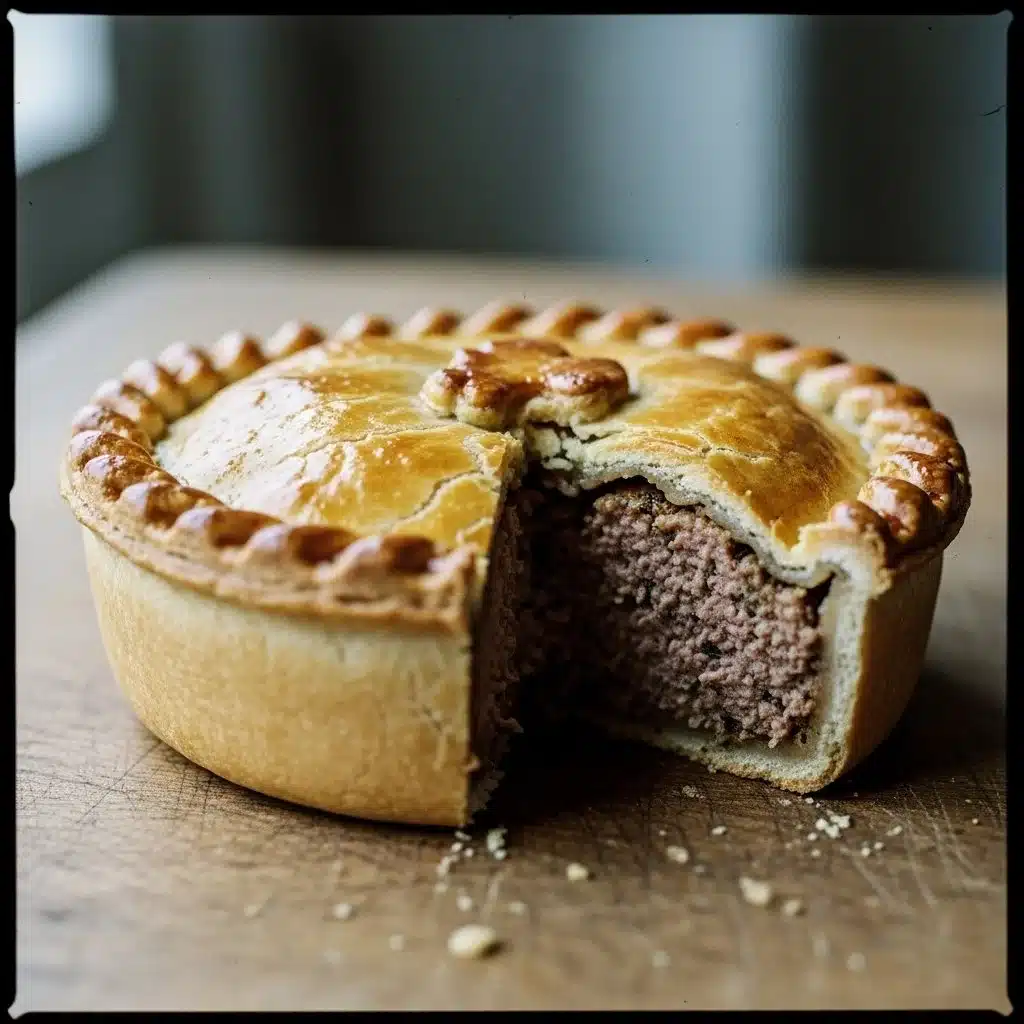 Scotch Pie 1 Delicious Scotch Pie with minced meat filling on a rustic table setting