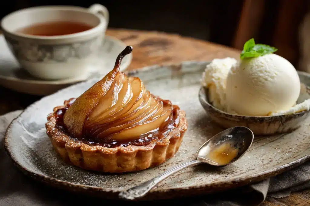 Serving Pear Tart with Almonds Bourdaloue