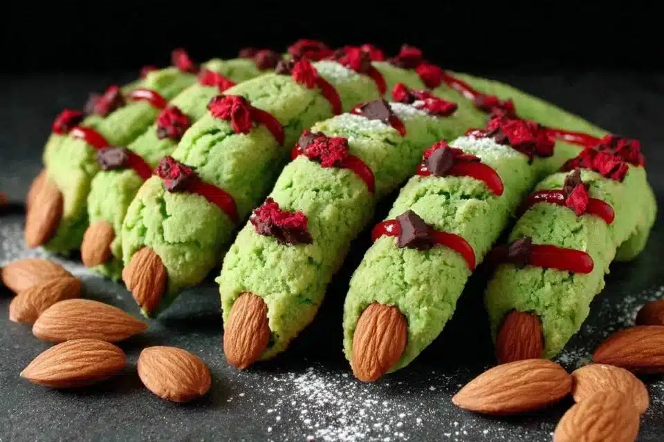 Spooky witch finger cookies with jam filling on a decorative plate for Halloween