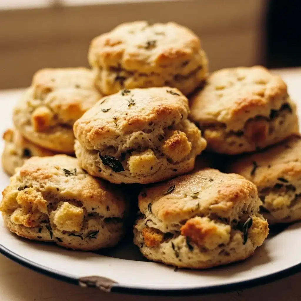 Stuffing Biscuits 1 Freshly baked stuffing biscuits served on a plate with herbs