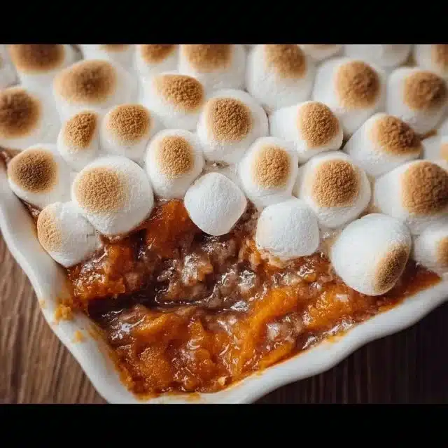 Sweet Potato Casserole with Marshmallows 1 Delicious sweet potato casserole topped with fluffy marshmallows