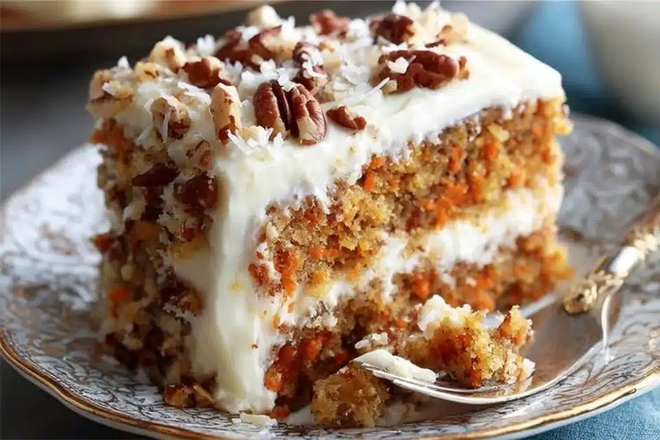 The Best Moist Carrot Cake with Cream Cheese Frosting 2 Slice of moist carrot cake with cream cheese frosting on a plate