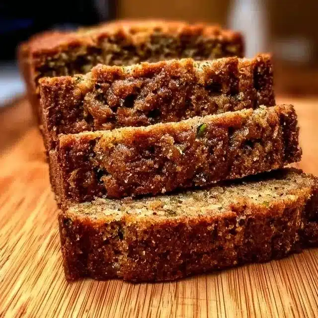 Delicious slice of homemade zucchini bread on a wooden cutting board