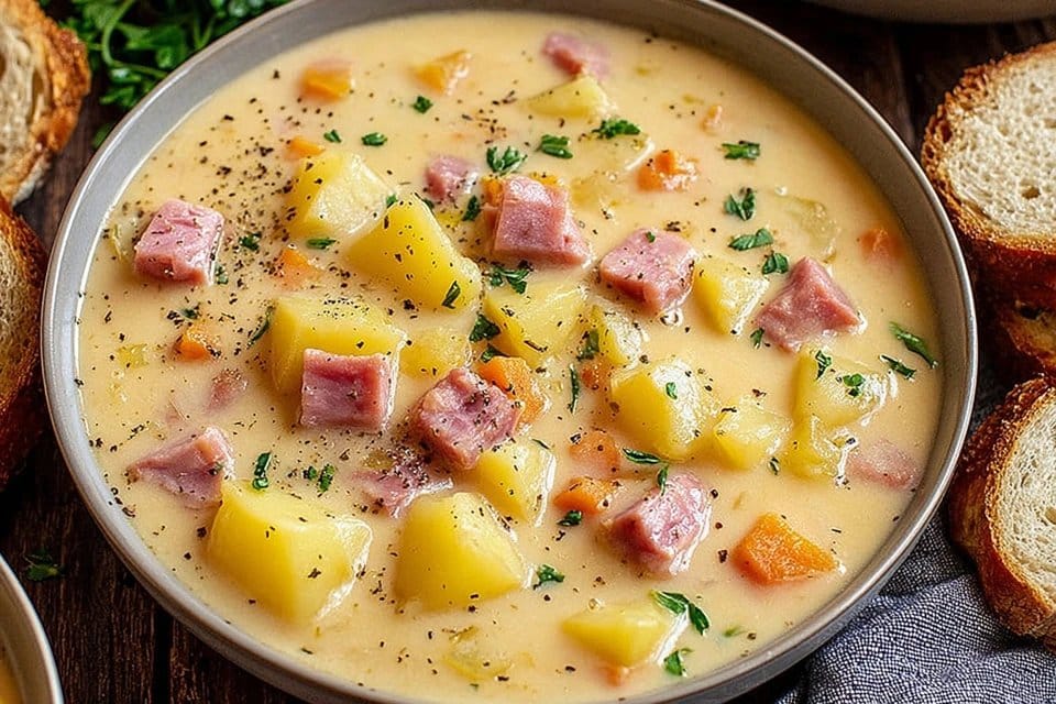 Cheesy Beef Ham and Potato Soup