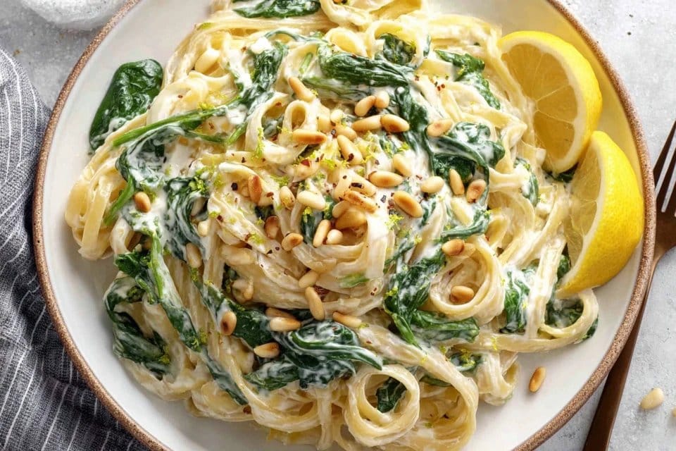 Lemon Ricotta Pasta with Spinach and Toasted Pine Nuts