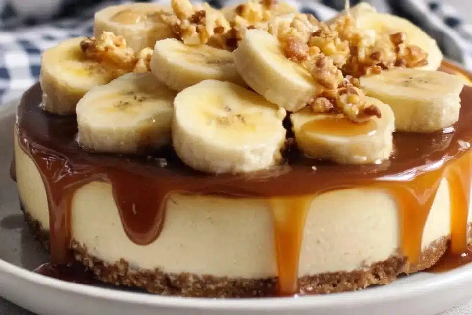 Delicious Bananas Foster Cheesecake topped with caramelized bananas and whipped cream