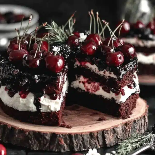 Delicious Black Forest Cheesecake with chocolate layers and cherries on top