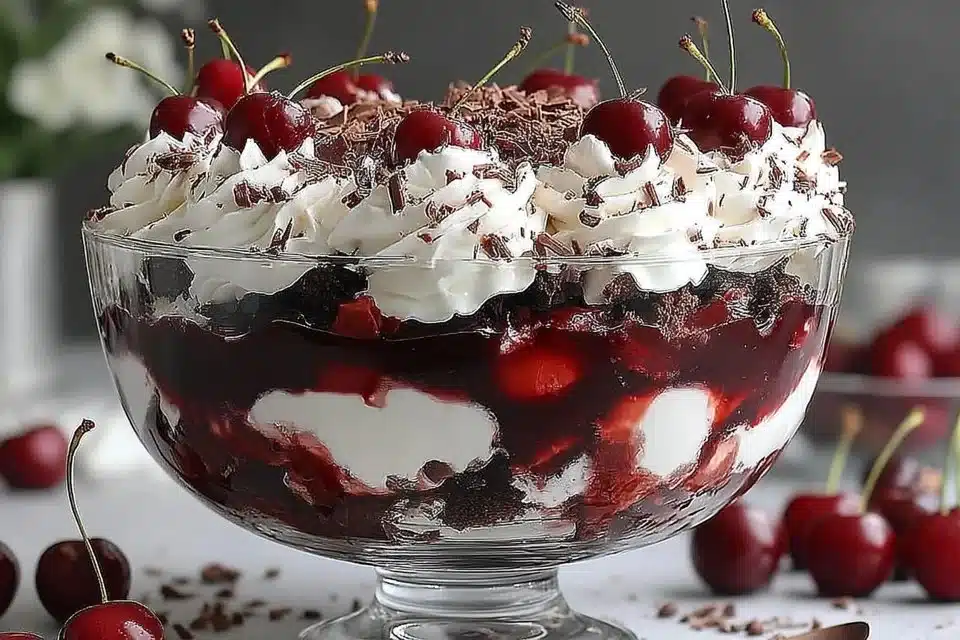 Decadent Black Forest Trifle layered with chocolate, cherries, and whipped cream
