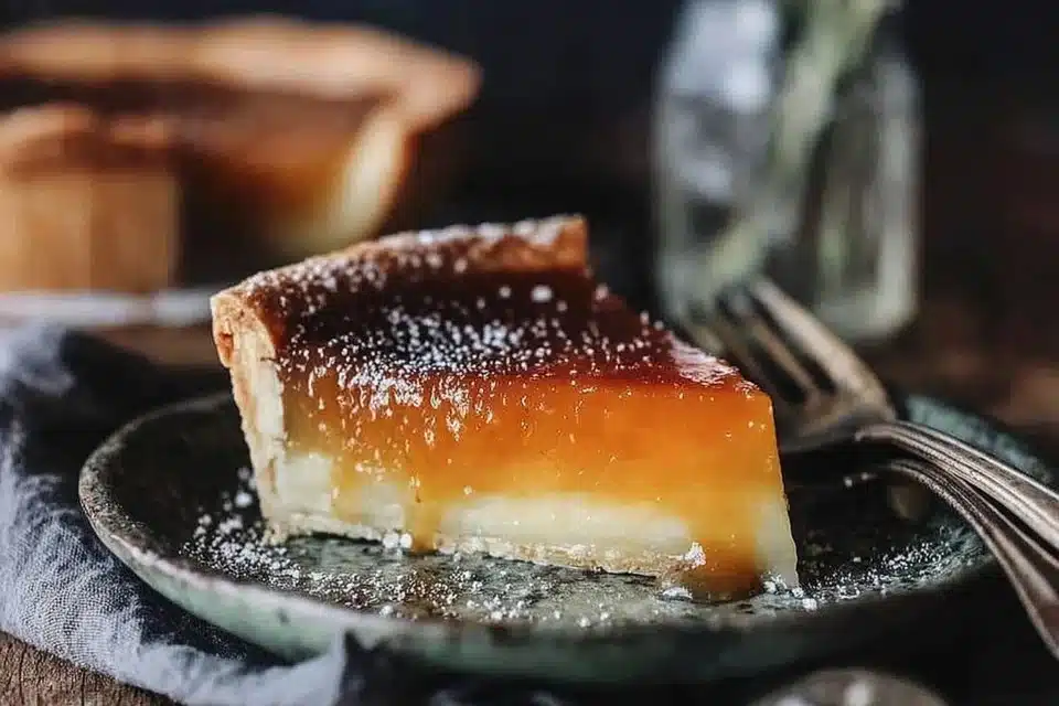Slice of burnt honey pie on a plate with drizzle of honey